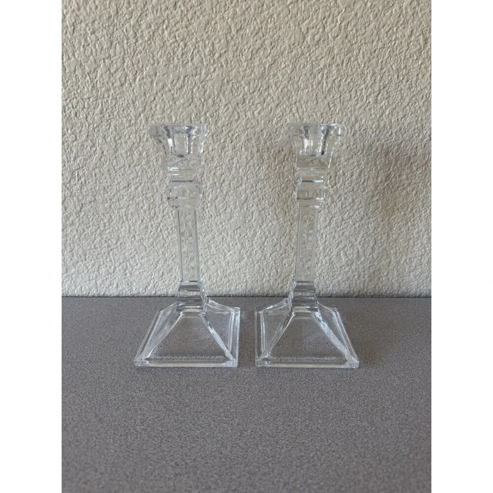 Pair Clear Glass Candlestick Holders 8” Tall Square Base Geometric Design